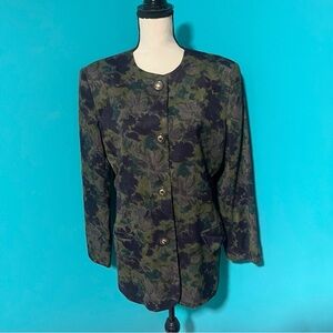 Vintage Oleg Cassini 14 Dark Green Purple Floral Button Front Blazer Jacket
